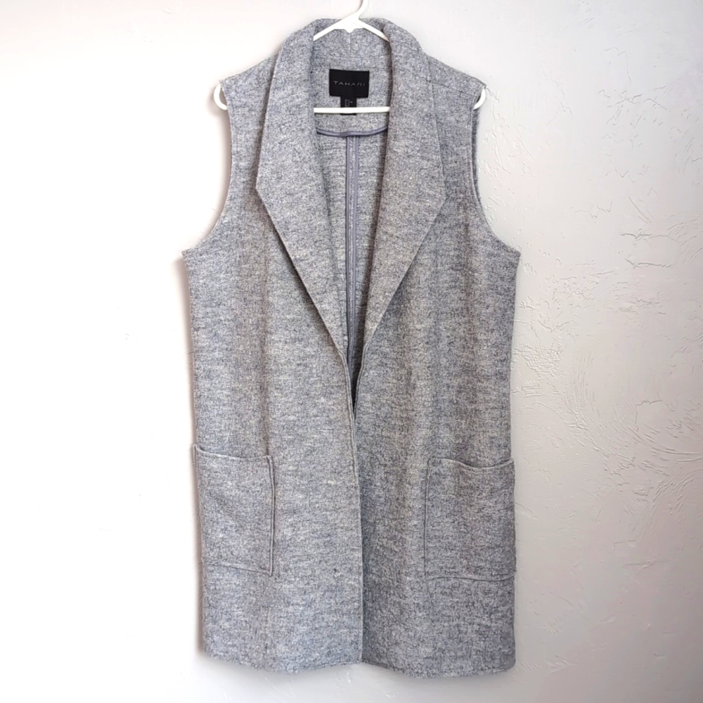 Women's Tahari Gray Wool Blend Long Line Vest w/ Pockets Size XL